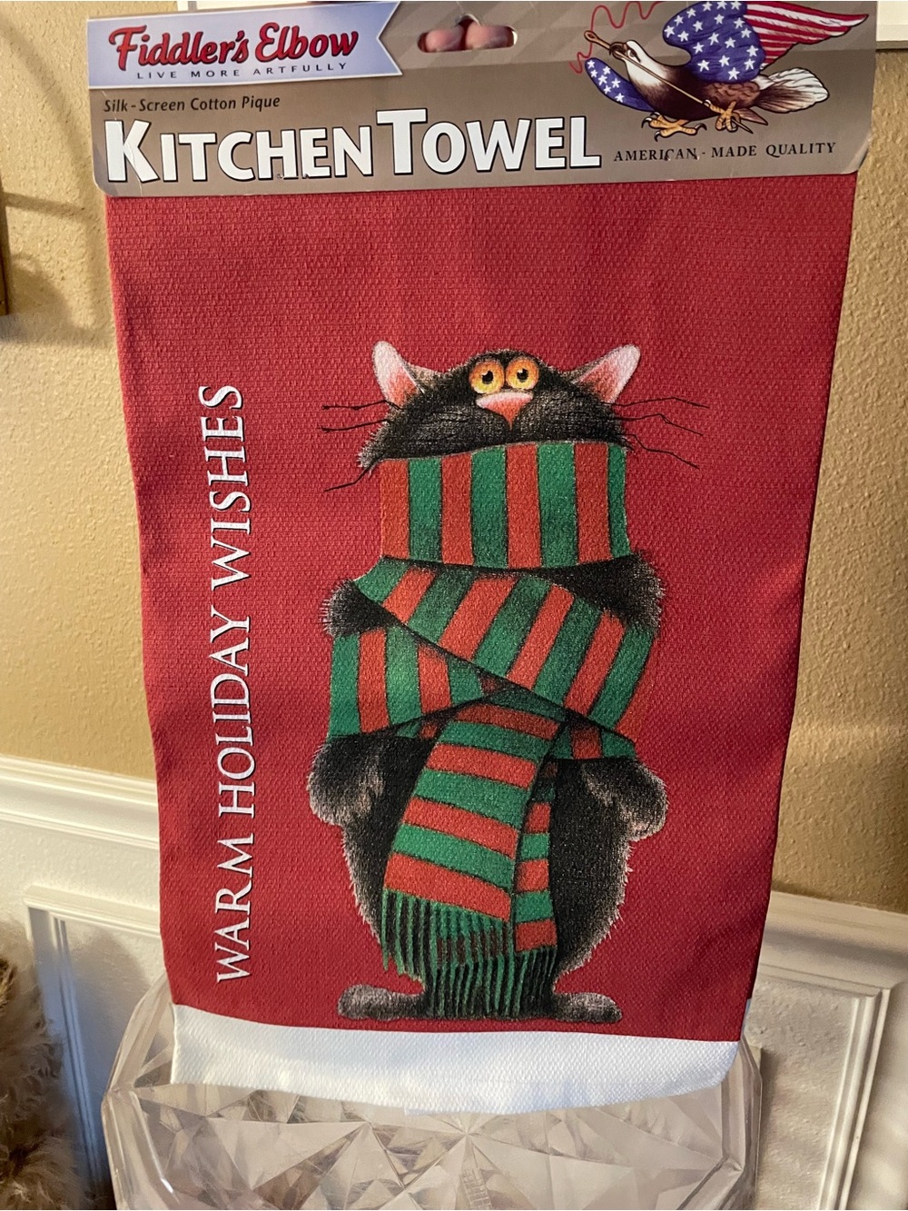 Fiddler's Elbow Red Holiday Kitchen Towel with Cat in Green & Red Scarf